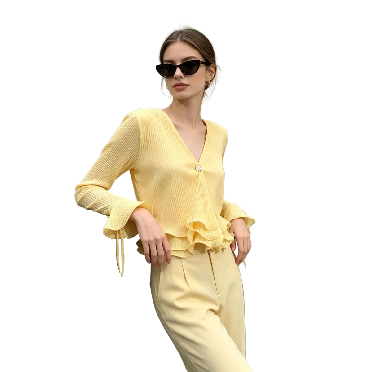 Ribbed V-Neck Flared-Sleeve Ruffle Top