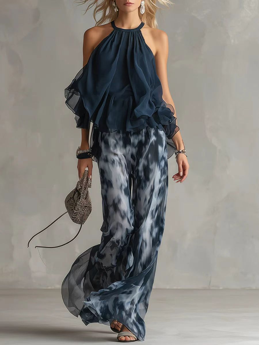 Navy Blue Halter Ruffle Top and Wide-Leg Pants Set