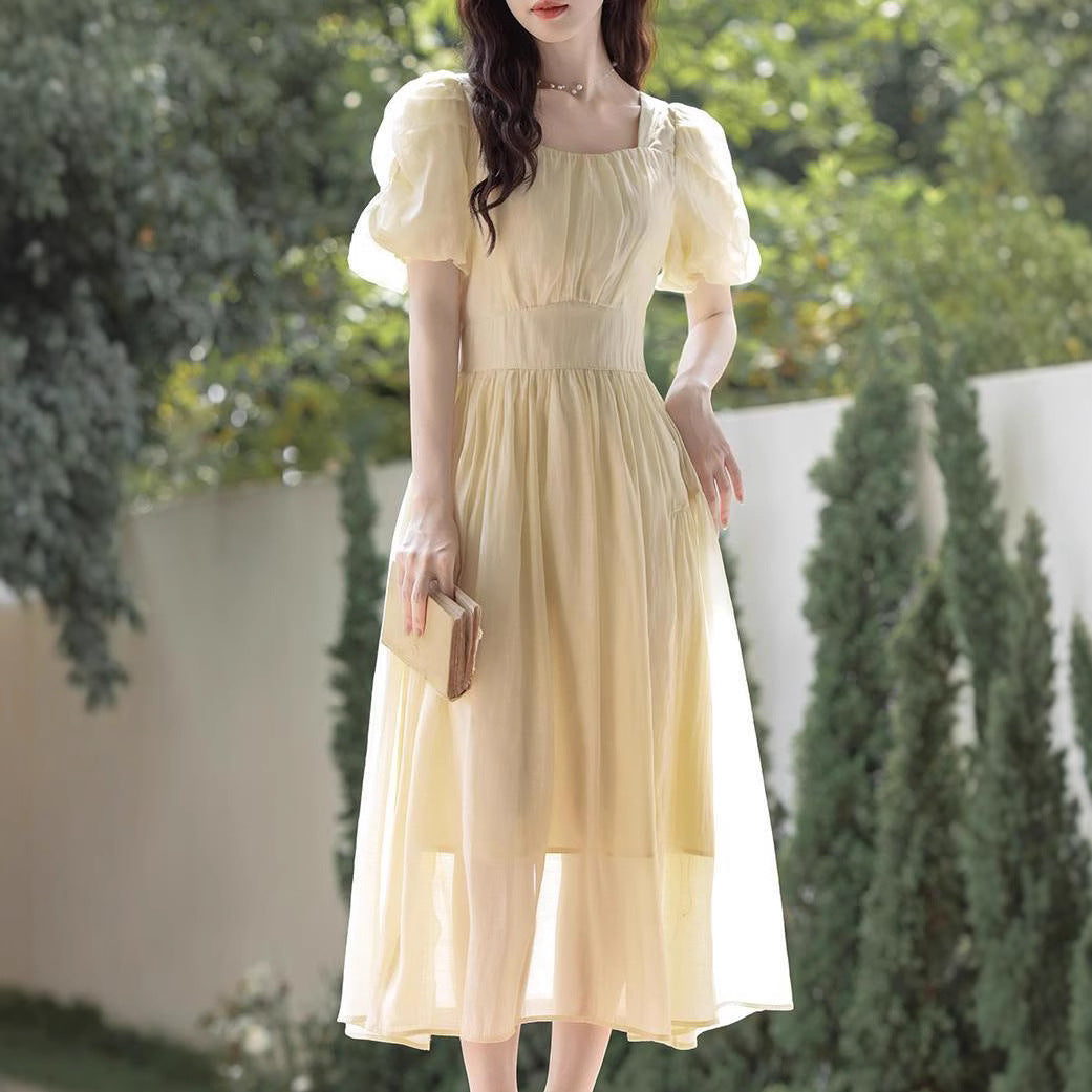 Ruffled-sleeve Waist-cinched Dress For Women