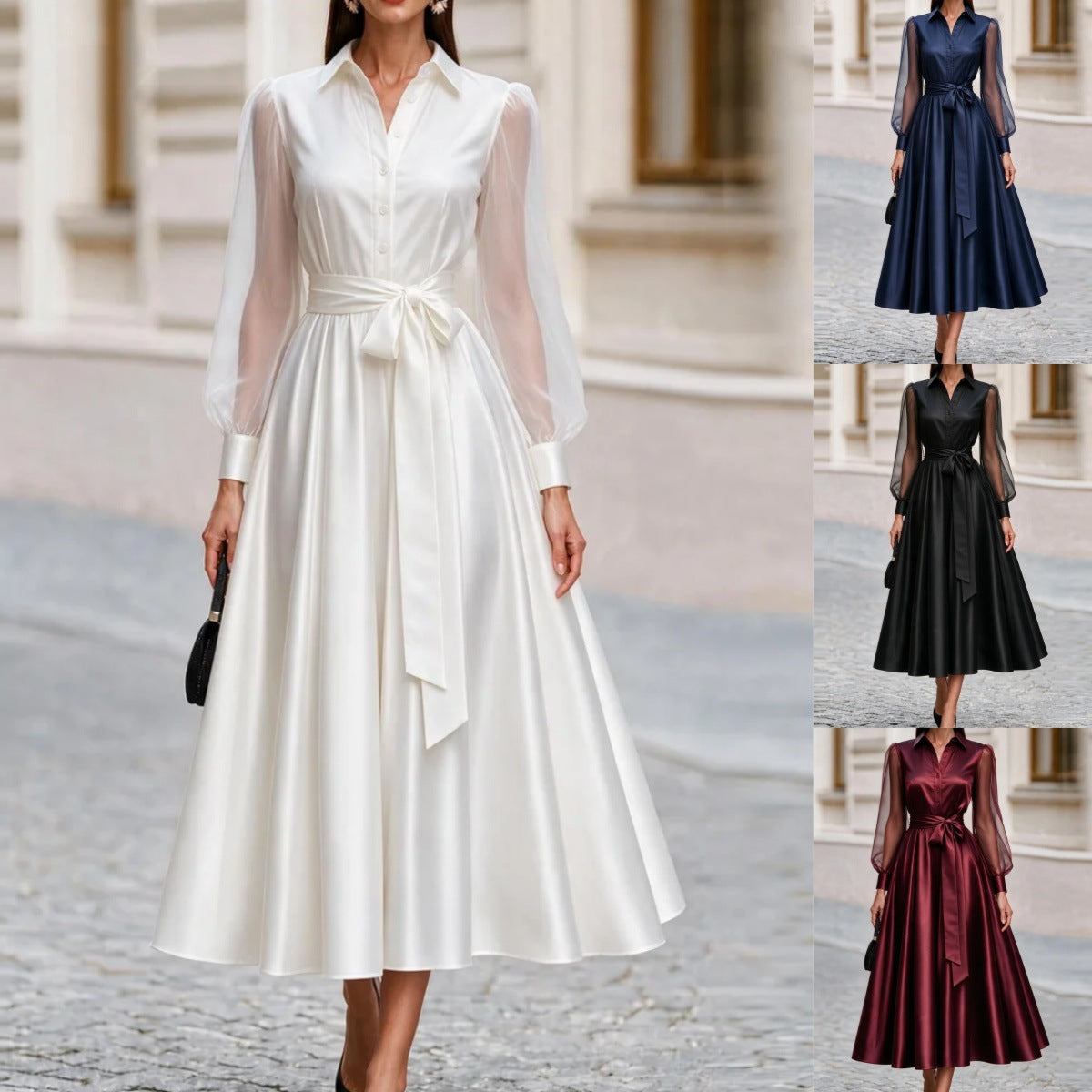Sheer-Sleeve Satin-Effect A-Line Shirt Dress