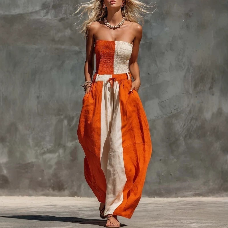Sleeveless Color-Block Elastic-Waist Wide-Leg Jumpsuit