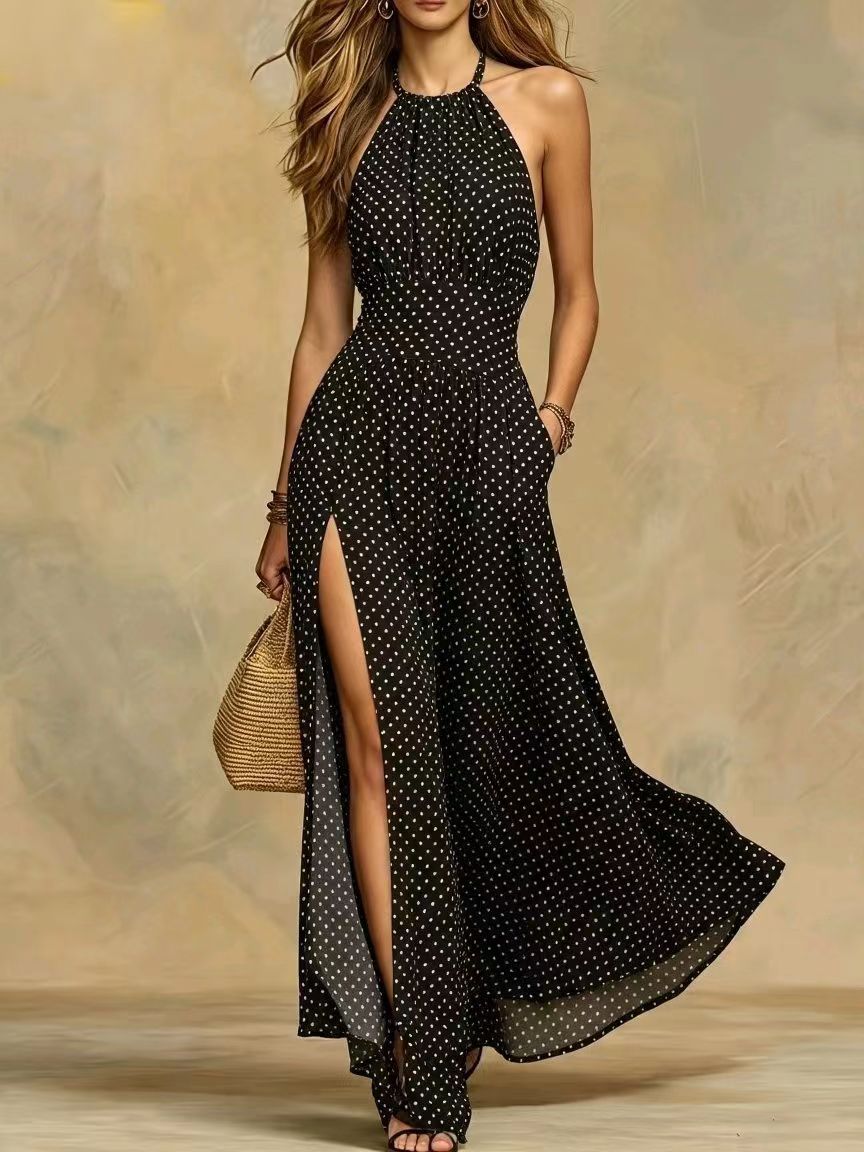 Black Polka-Dot Halter Maxi Dress