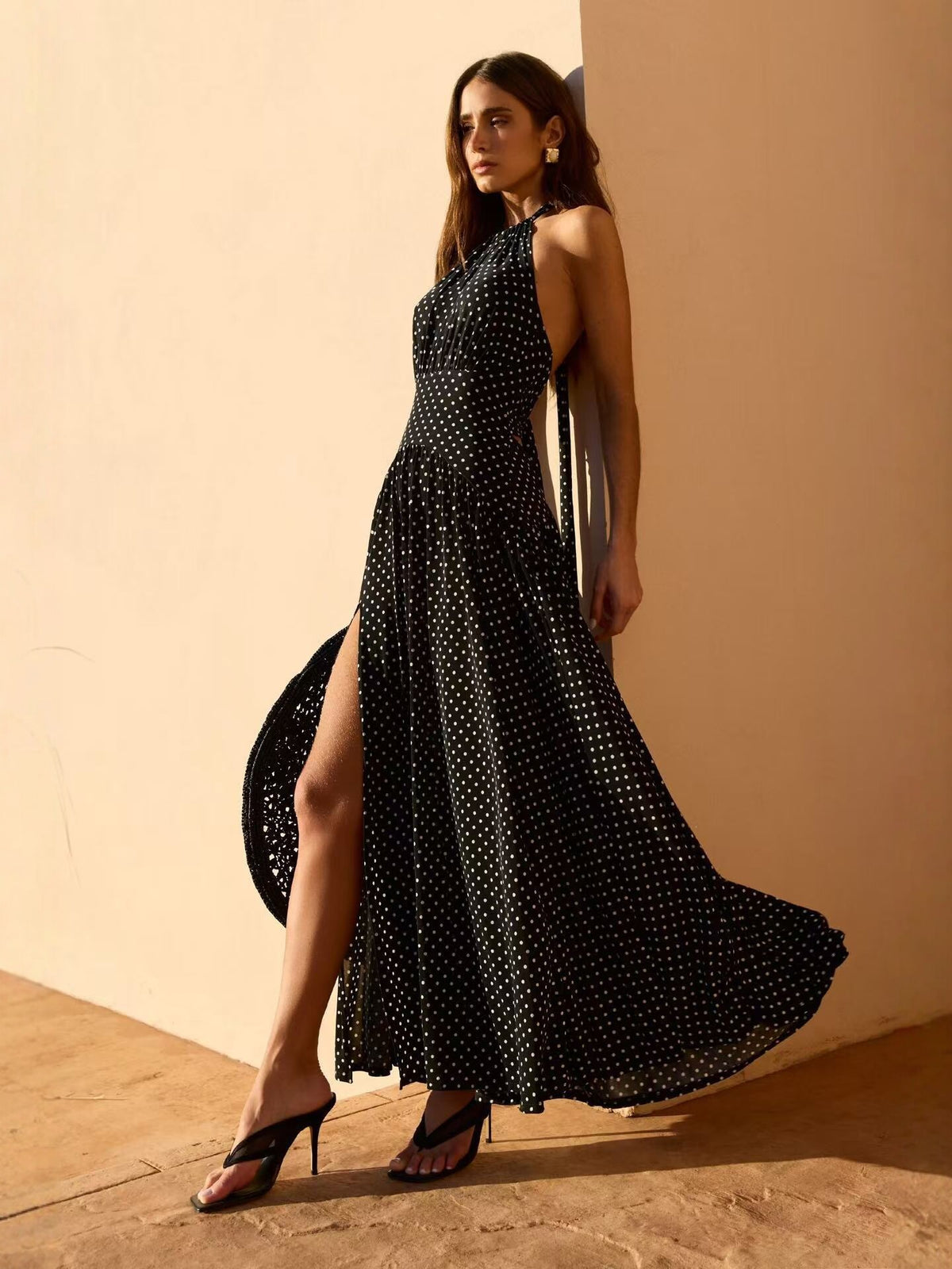 Black Polka-Dot Halter Maxi Dress