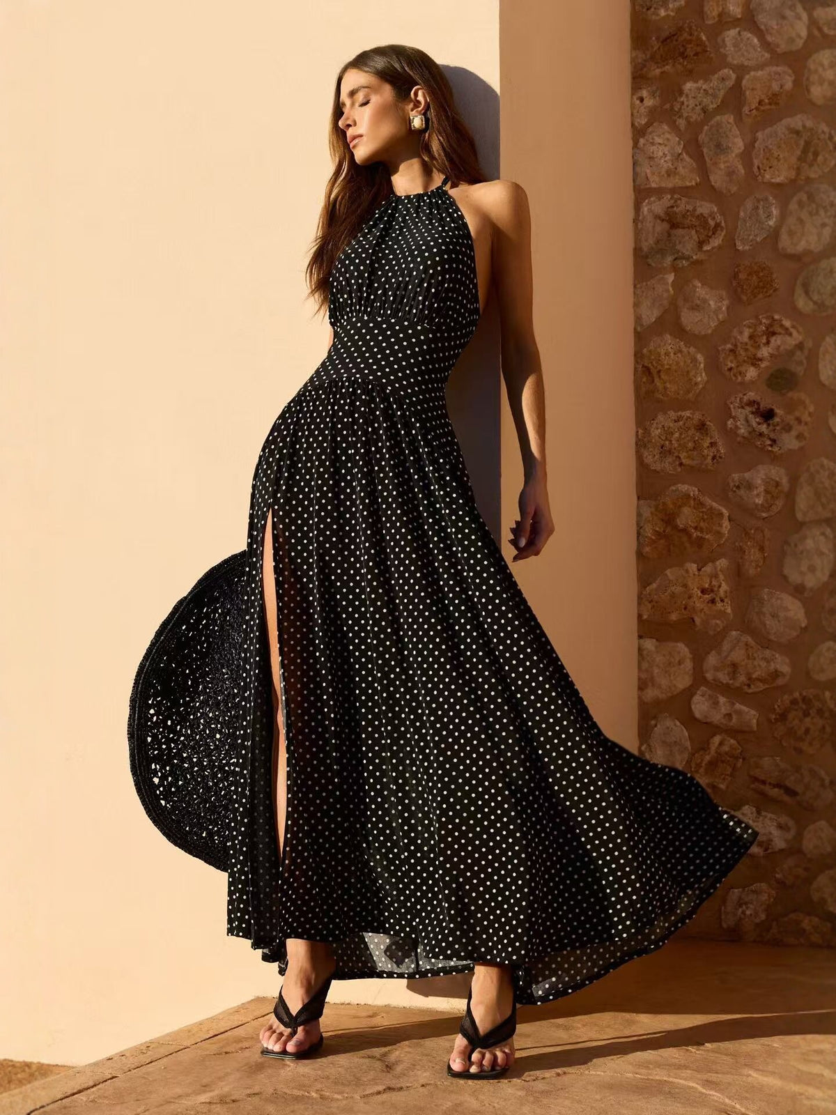 Black Polka-Dot Halter Maxi Dress