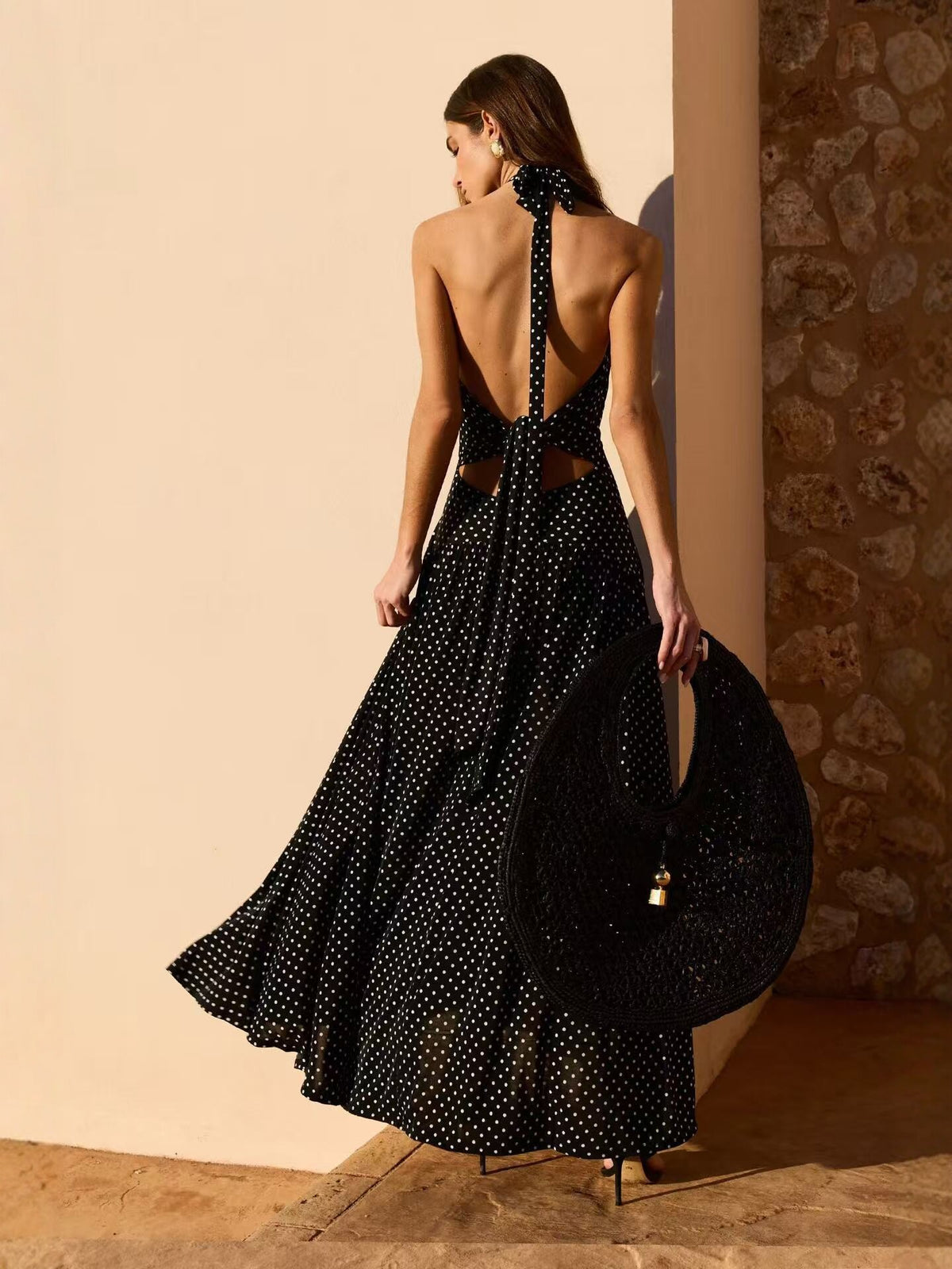 Black Polka-Dot Halter Maxi Dress