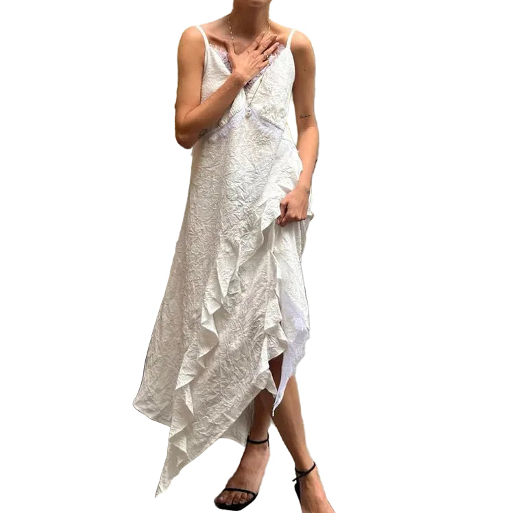 Beige Pleated Ruffle-Trim Strap Maxi Dress