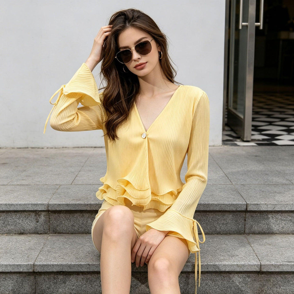 Ribbed V-Neck Flared-Sleeve Ruffle Top