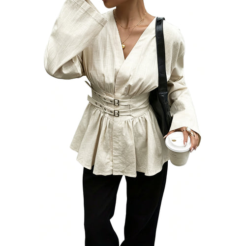 Apricot V-Neck Double-Belt Peplum Blouse