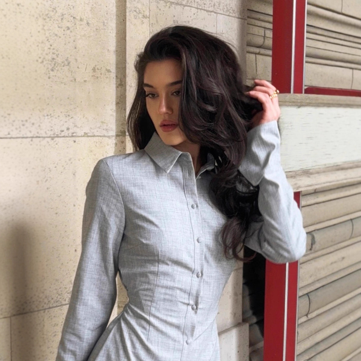 Light Gray Ruched-Waist Button-Front Shirt Maxi Dress