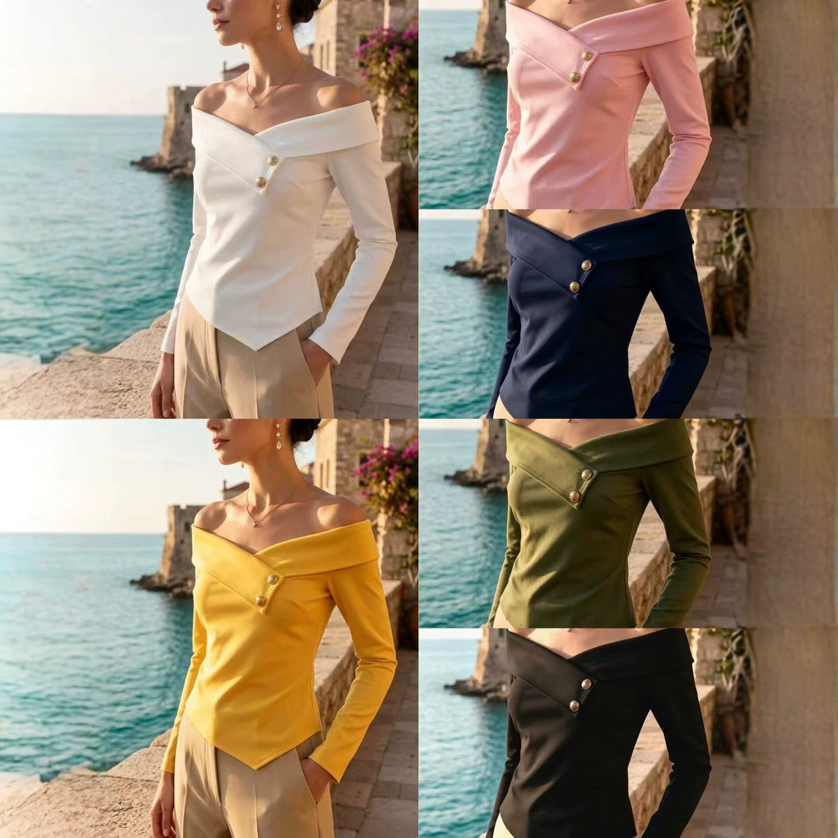 Off-Shoulder Fold-Over Collar Button-Detail Slim-Fit Top