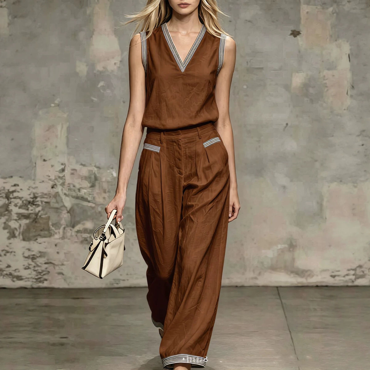 V-neck Vest Linen Sleeveless Top Wide-leg Pants
