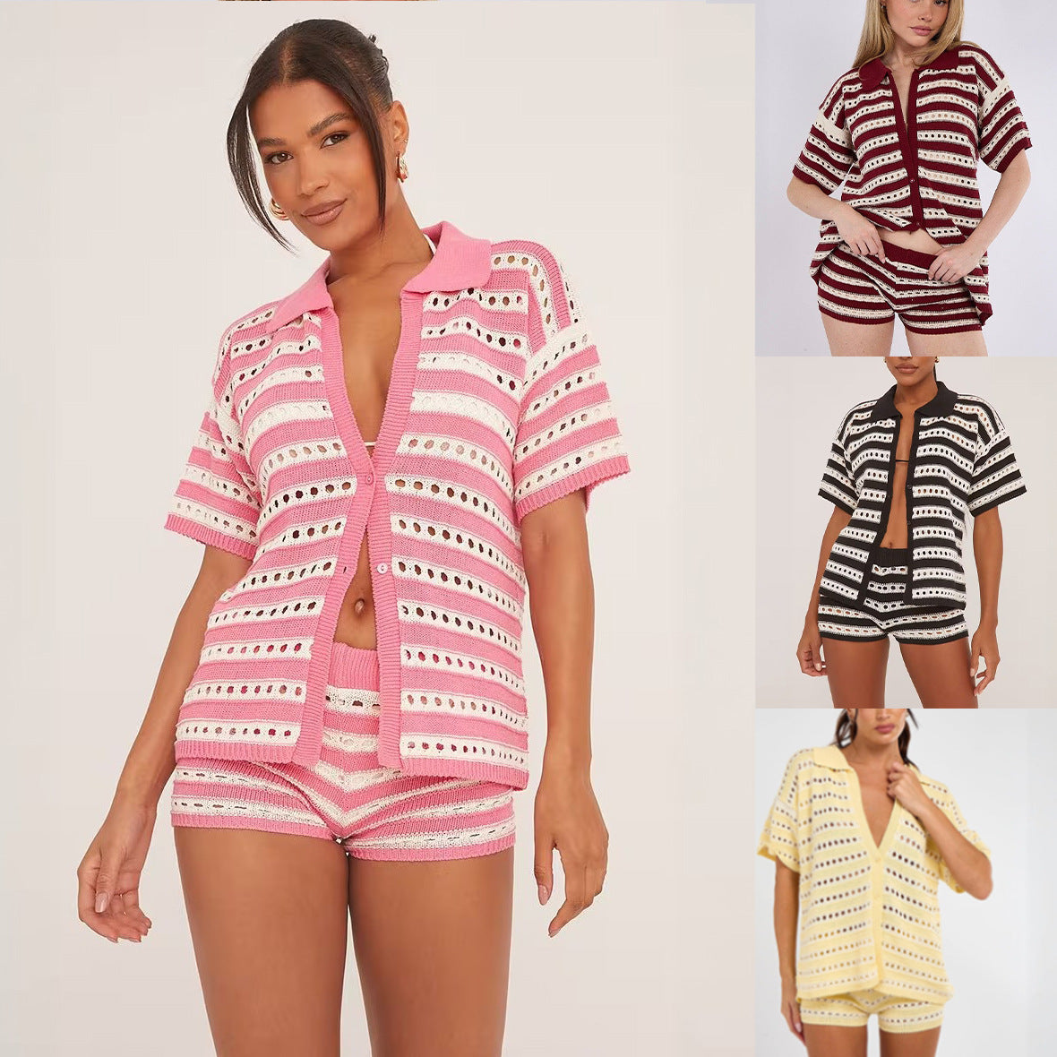Contrast-Trim Crochet Knit Top and Shorts Set