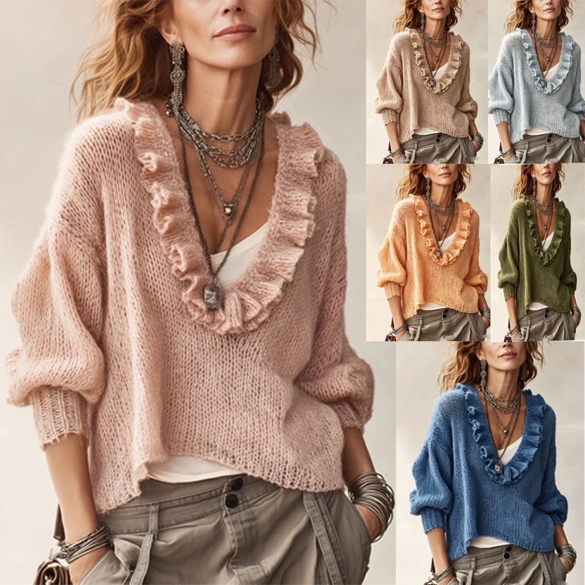 Ruffle-trimmed V-neck Knitted Top Short Sweater