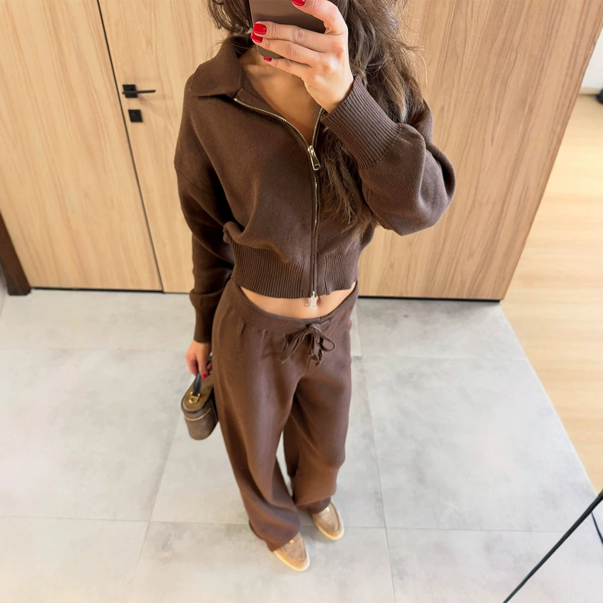 Zip-up Sweater Cardigan And Drawstring Knit Pants Set