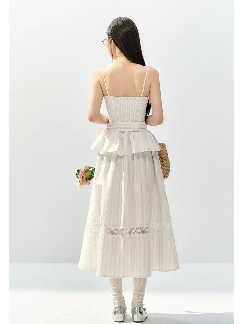 Striped Spaghetti Straps Bandeau Slim-fit Slimming Lace Up Dress