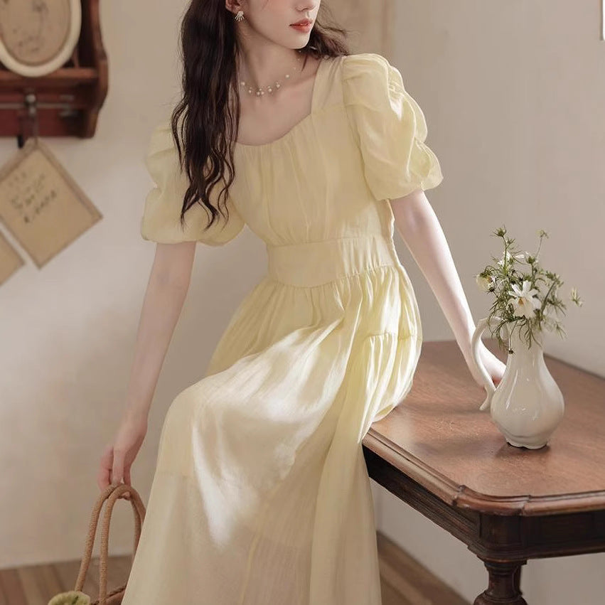 Ruffled-sleeve Waist-cinched Dress For Women