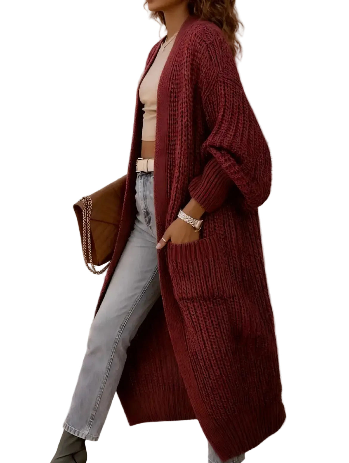 Wine Red Longline Ribbed-Knit Open-Front Cardigan