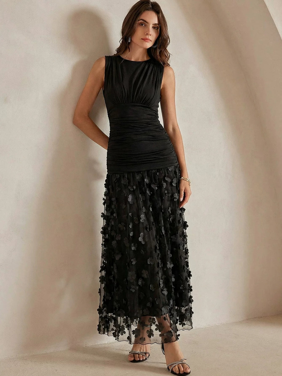 Black Ruched Bodice Textured Floral Maxi Dress