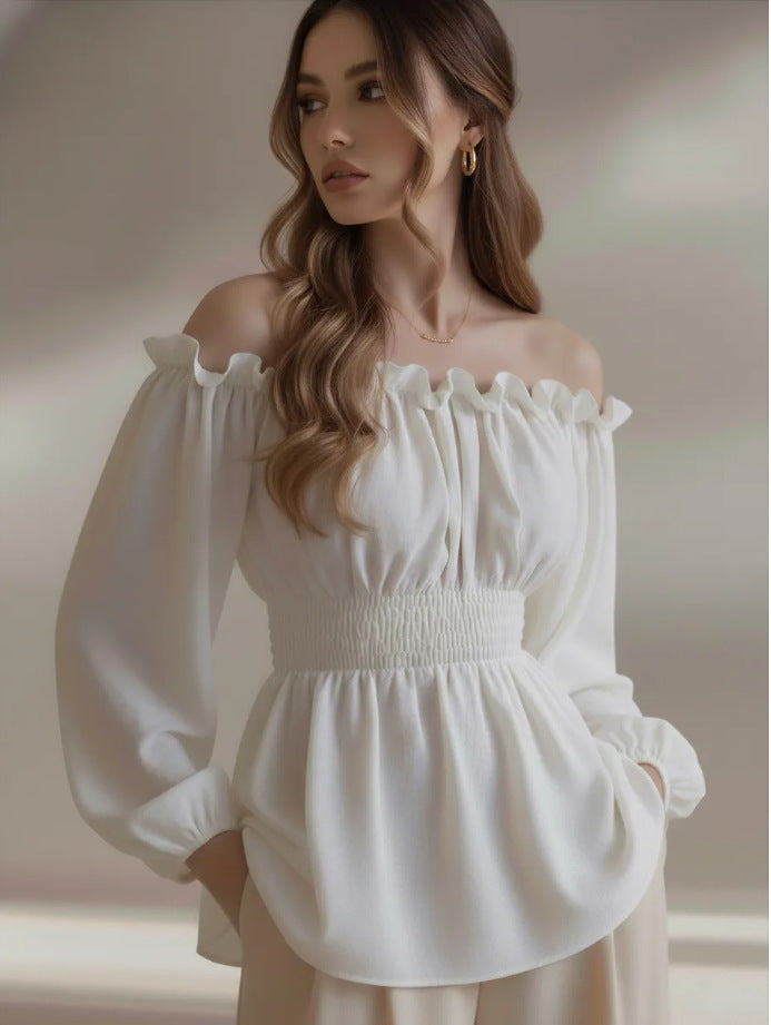 Off-Shoulder Smocked Flared-Sleeve Blouse
