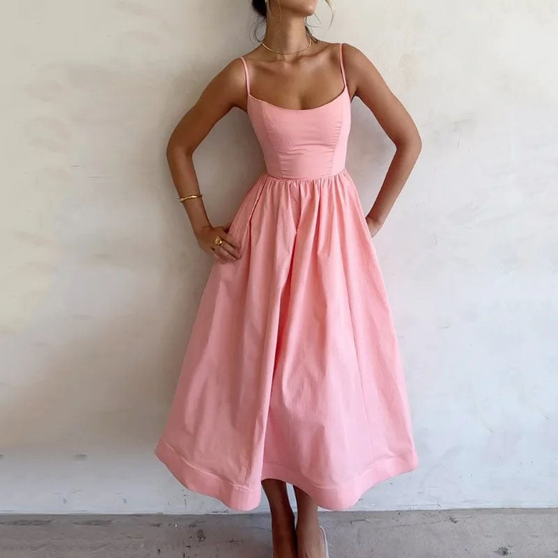 Square-Neck Spaghetti-Strap A-Line Midi Dress