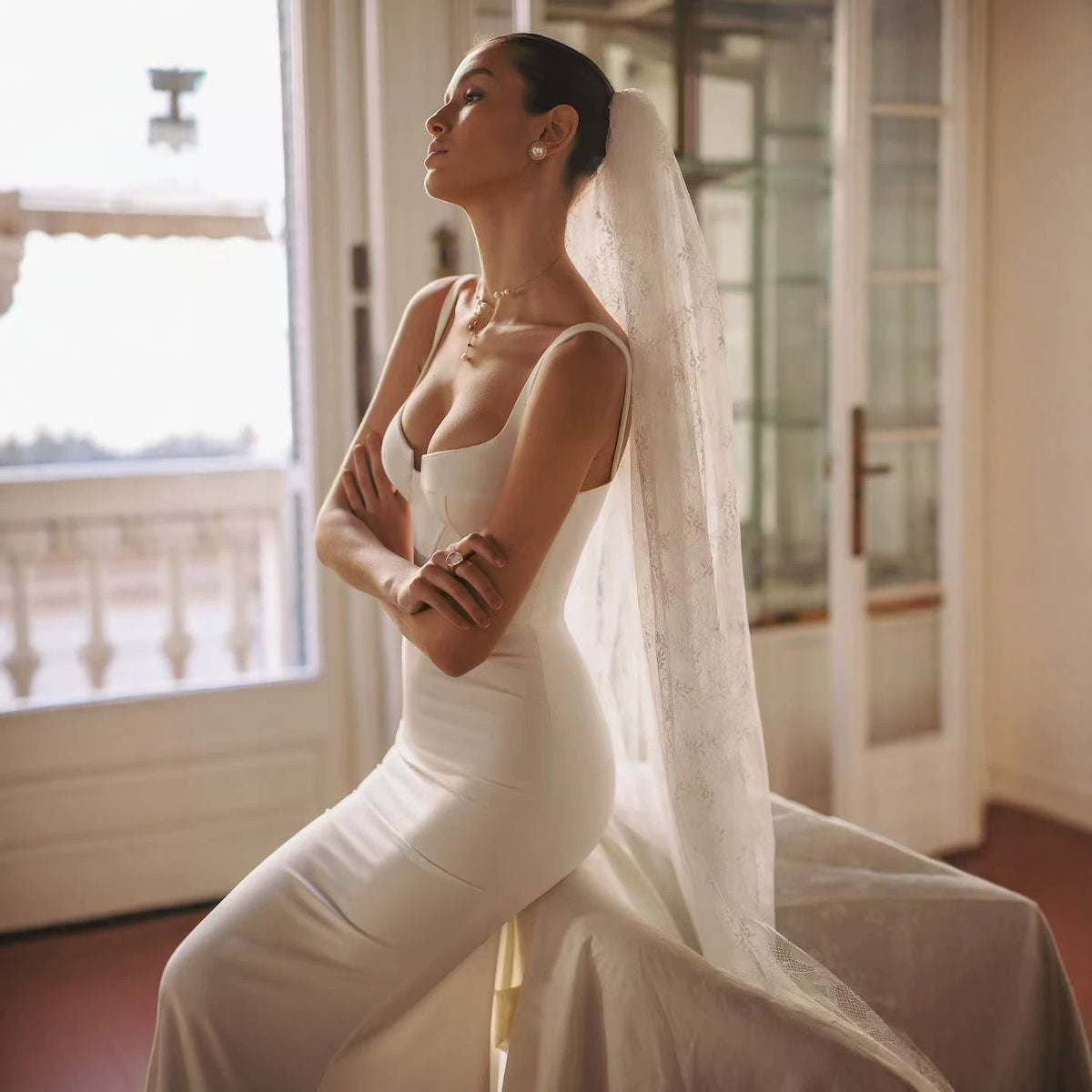 Ivory White Square-Neck Mermaid Maxi Dress