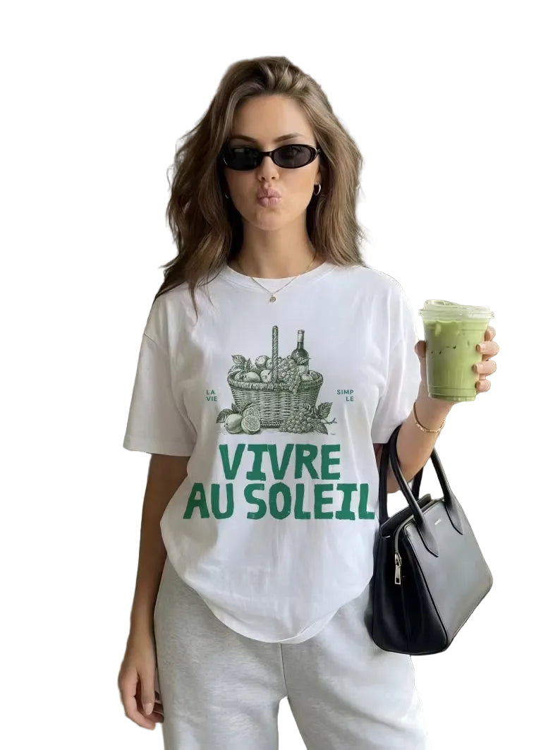 To Live In The Sunshine French Graphic T-Shirt Woven Basket Wine Tee