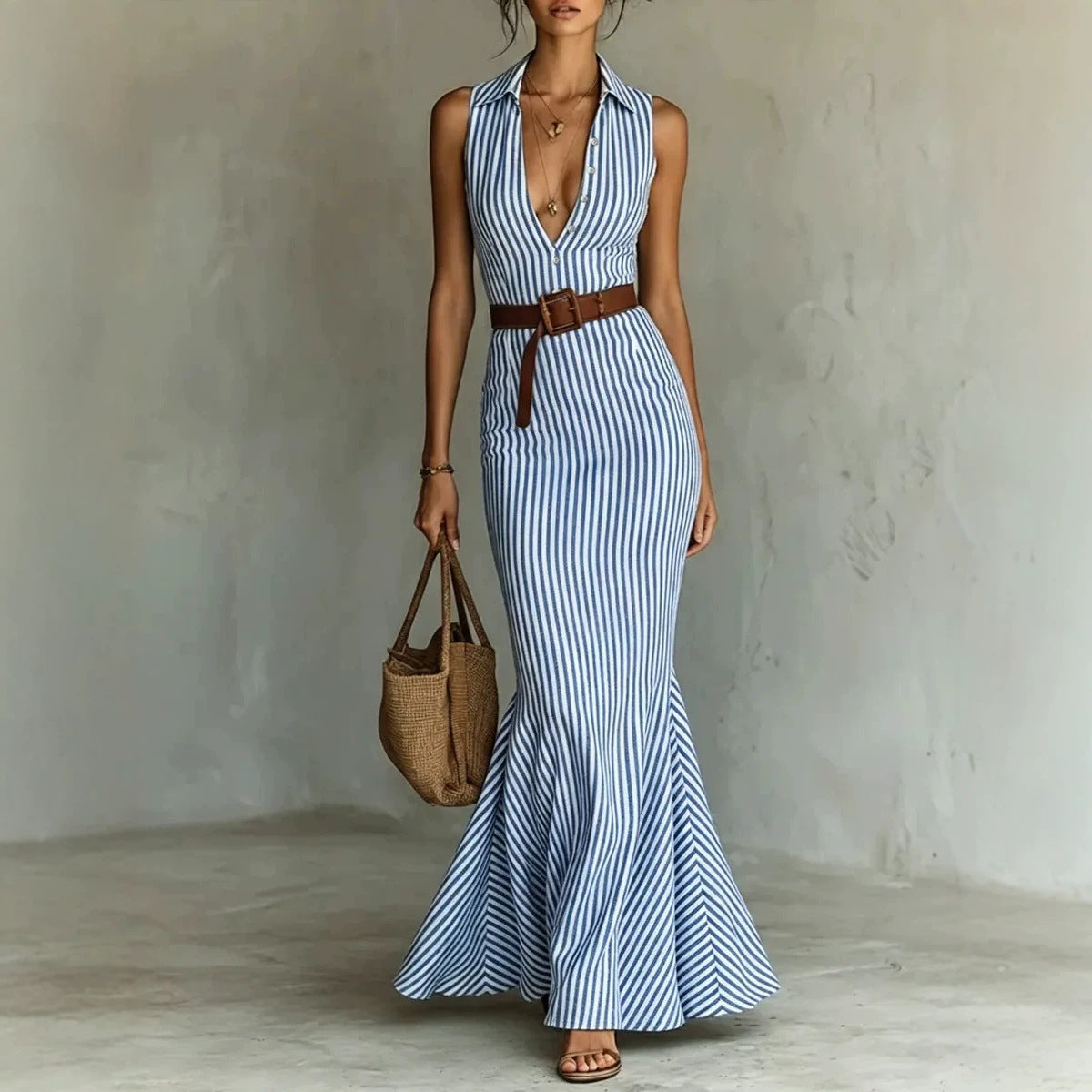 Striped Sleeveless A-Line Maxi Dress