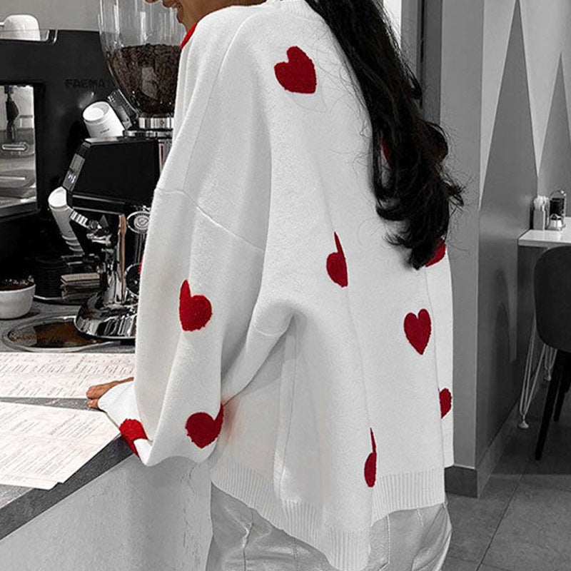 White Heart Print Crew-Neck Knit Sweater