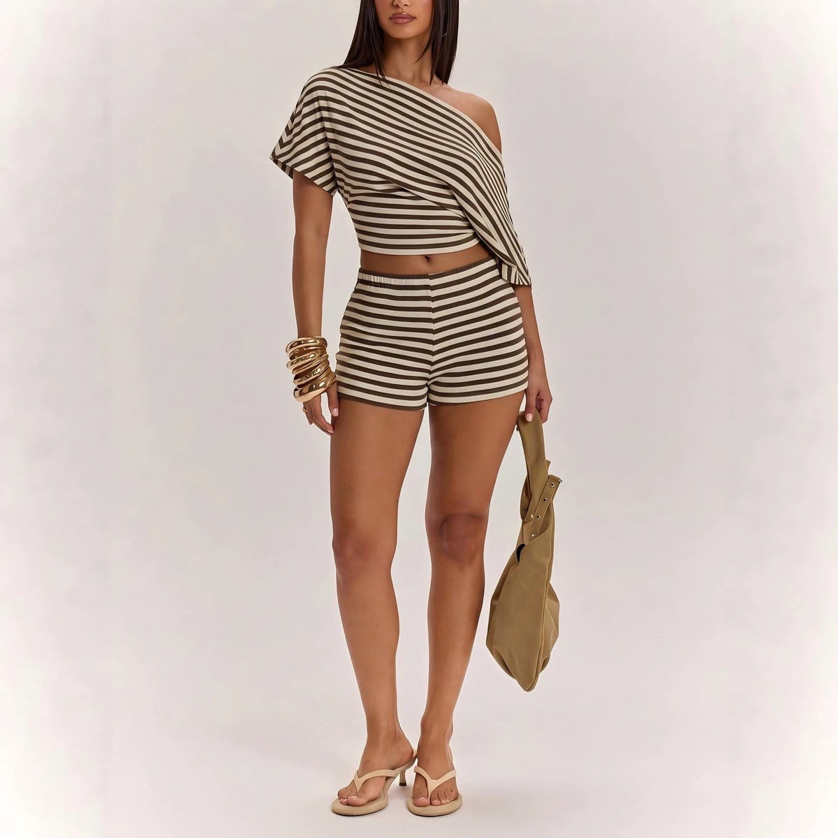 Dropped-shoulder Short-sleeve T-shirt And High-waisted Shorts Set