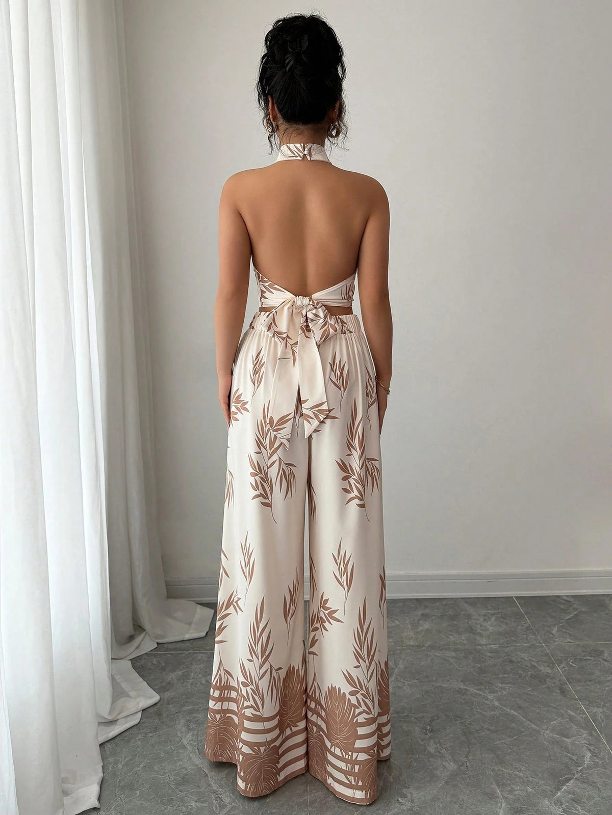 Botanical Print Halter Crop Top and Wide-Leg Pants Set