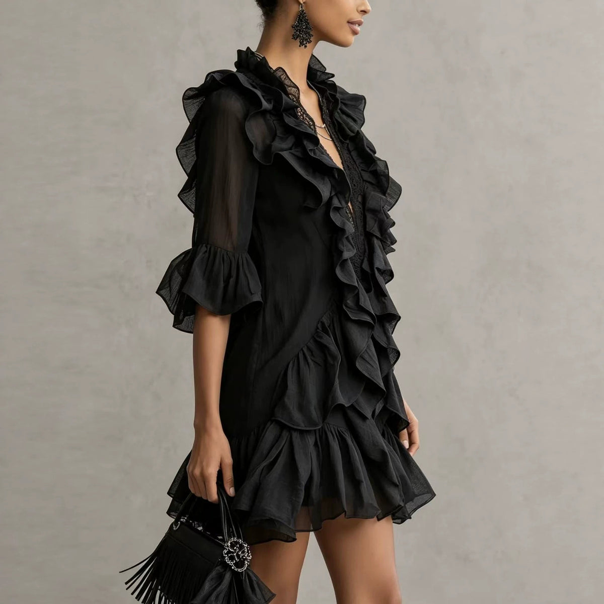 Black Ruffle-Front Bell-Sleeve Chiffon Mini Dress