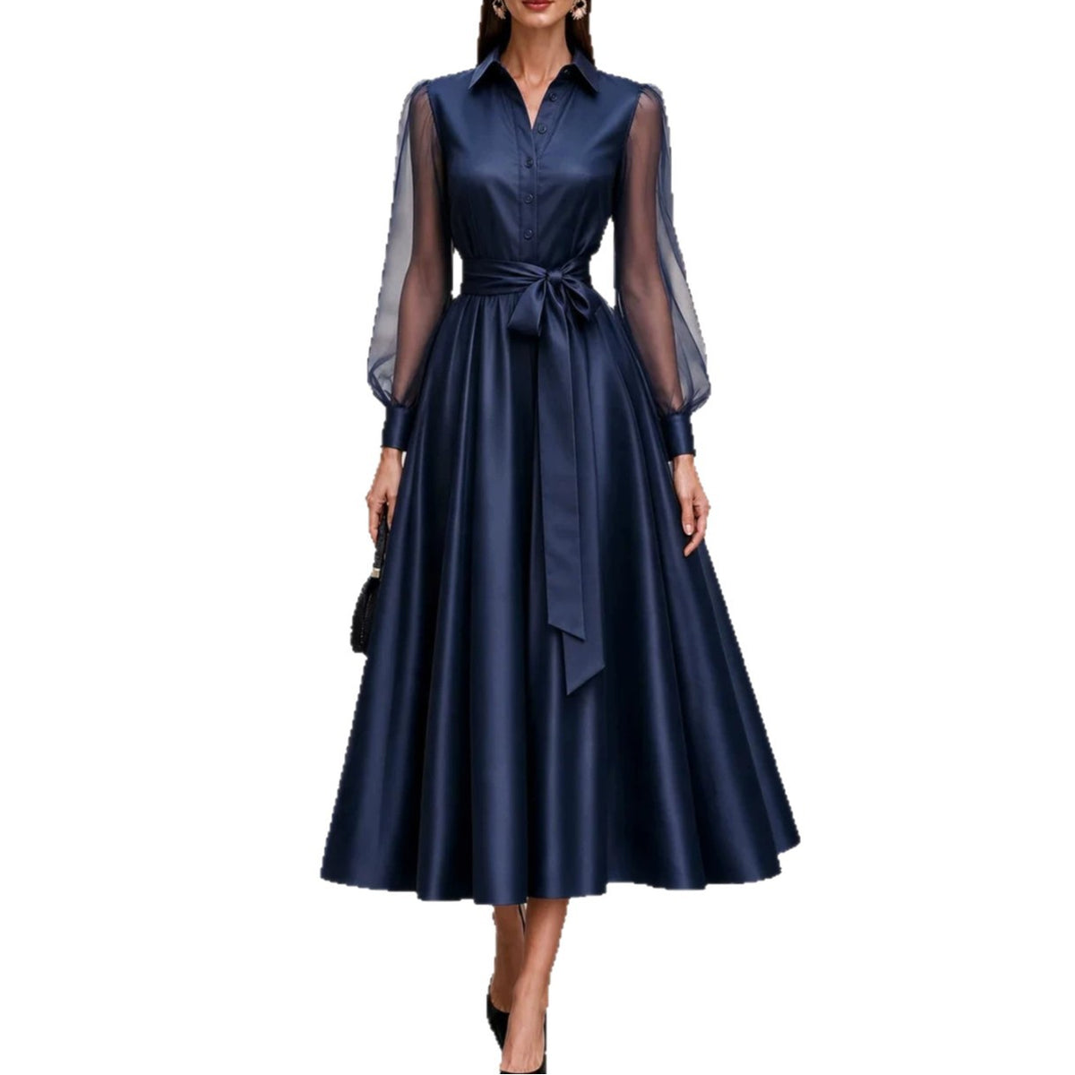 Sheer-Sleeve Satin-Effect A-Line Shirt Dress