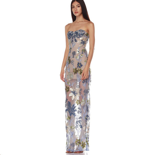 Embroidered Beaded Floral Strapless Dress