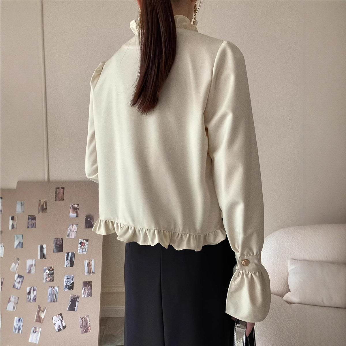 Champagne Satin Ruffle-Trim Double-Breasted Cardigan