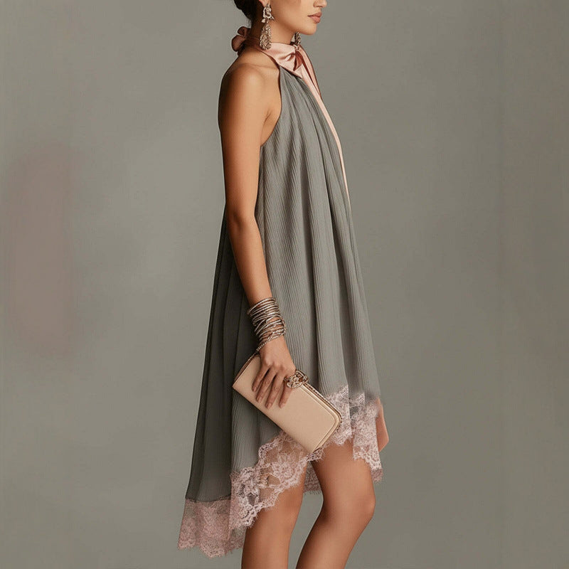 Pleated Halter Mini Dress with Lace Hem and Bow Scarf