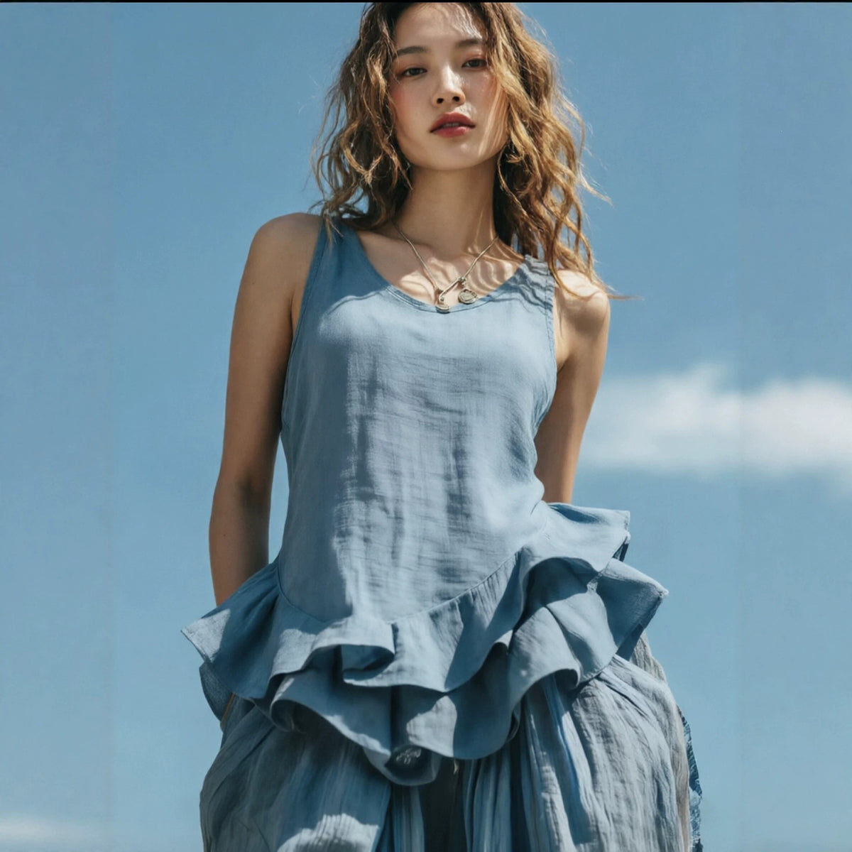 Washed Linen-Blend Ruffle-Hem Sleeveless Top
