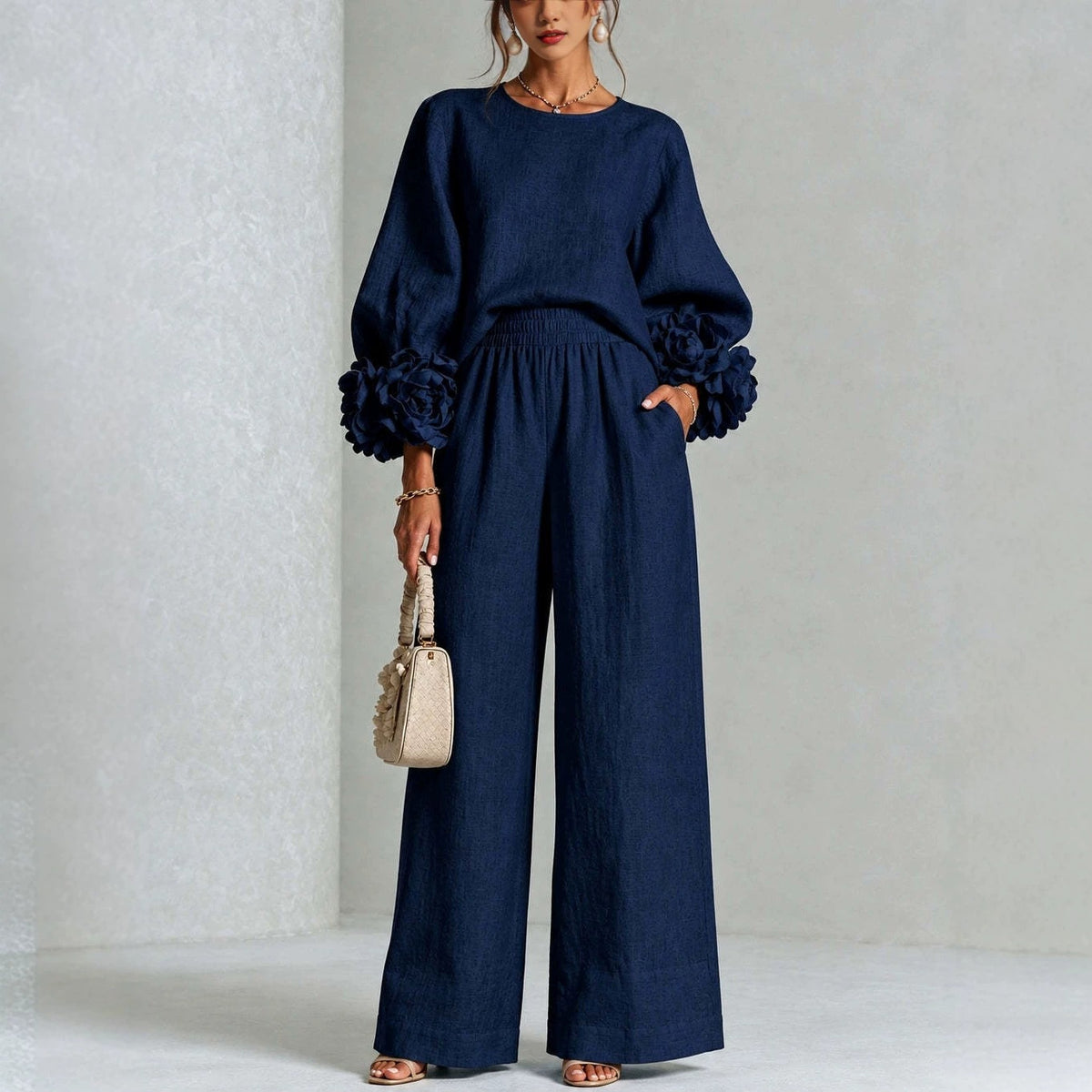 Textured Balloon-Sleeve Top and Wide-Leg Pants Set