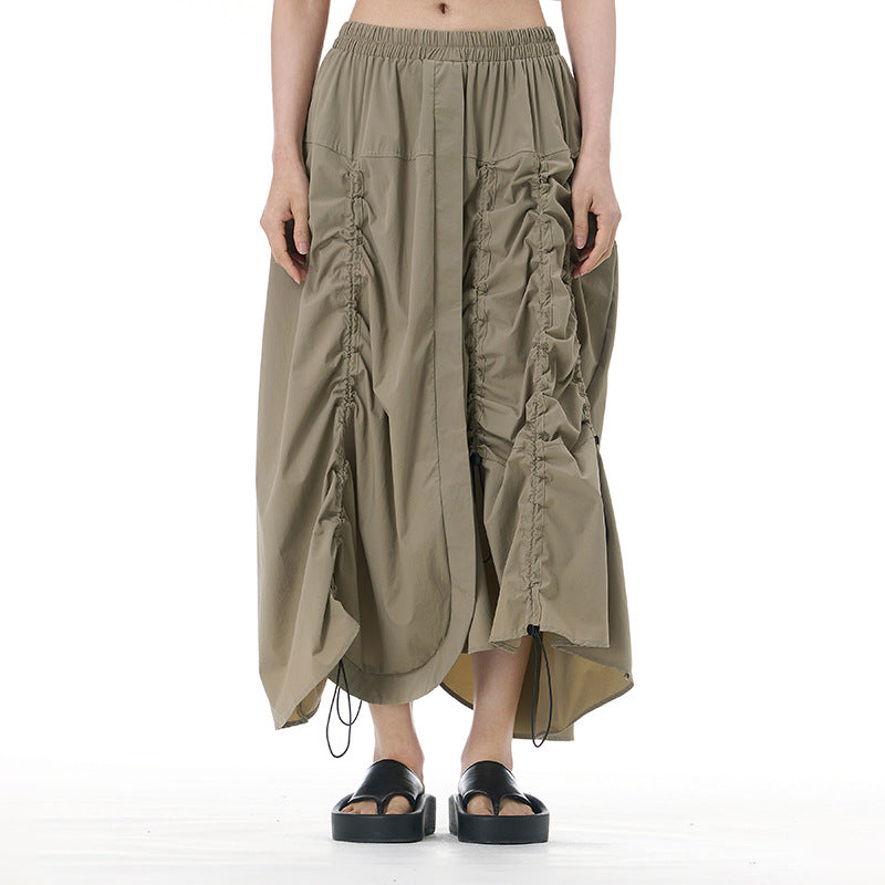 Pleated Drawstring Button-Detail Flare Midi Skirt