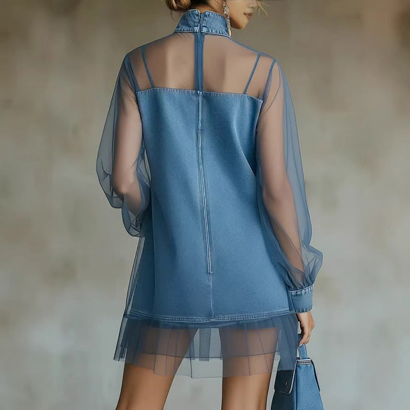 Patchwork Faux Collar Denim Dress