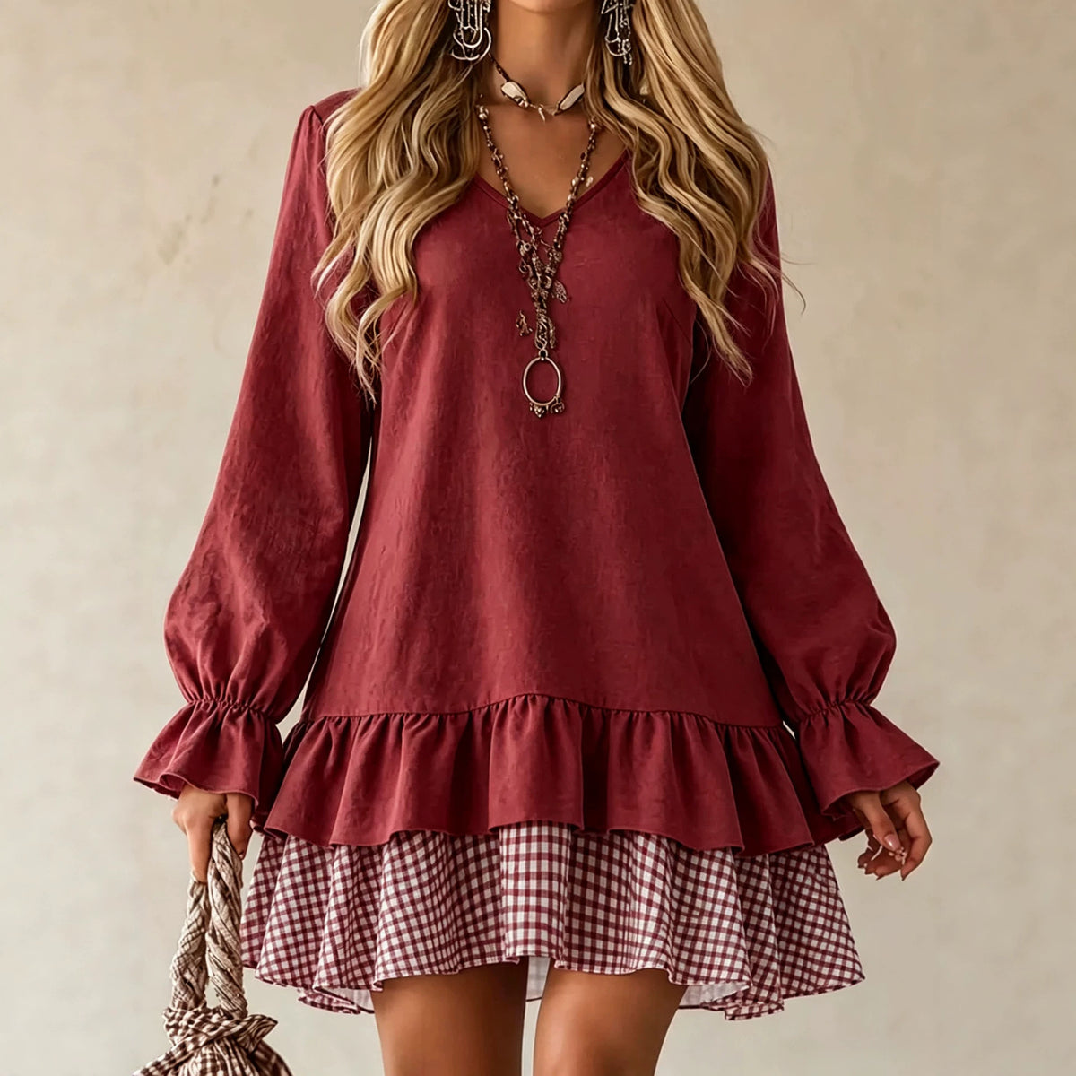 Plaid Patchwork V-Neck Ruffle-Hem Mini Dress