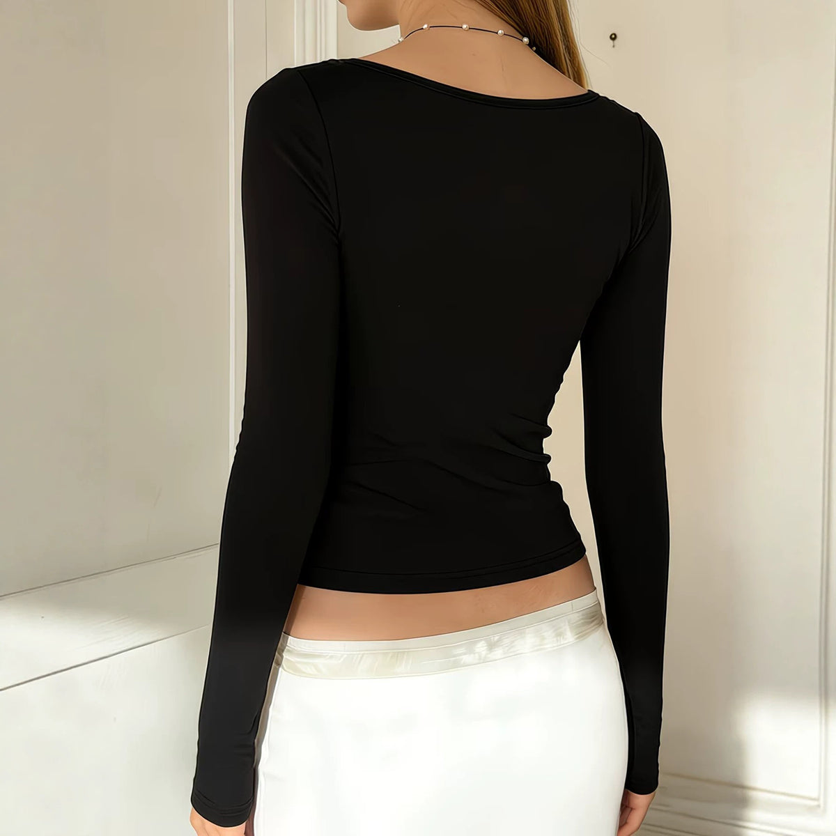 New Square-neck Contrast-color Lace-panel Long-sleeve Top