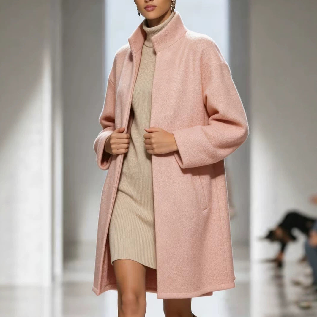 Soft Pink Longline Stand-Collar Coat