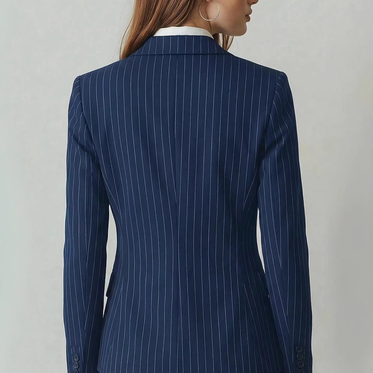 Navy Blue Striped Waist-Cinching Slimming Single-Buckle Petite Blazer