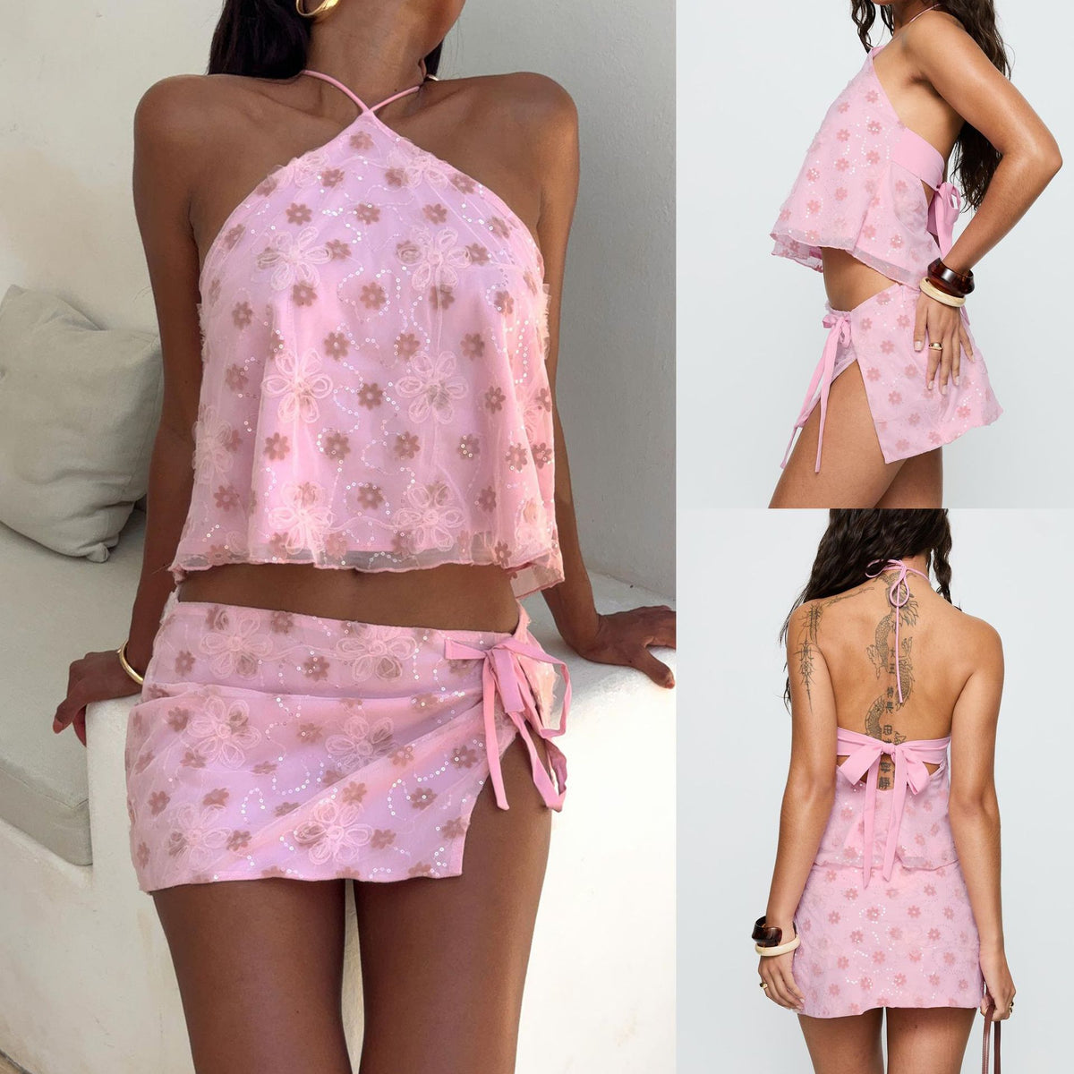 Pink Floral Halter Top and Wrap Mini Skirt Set