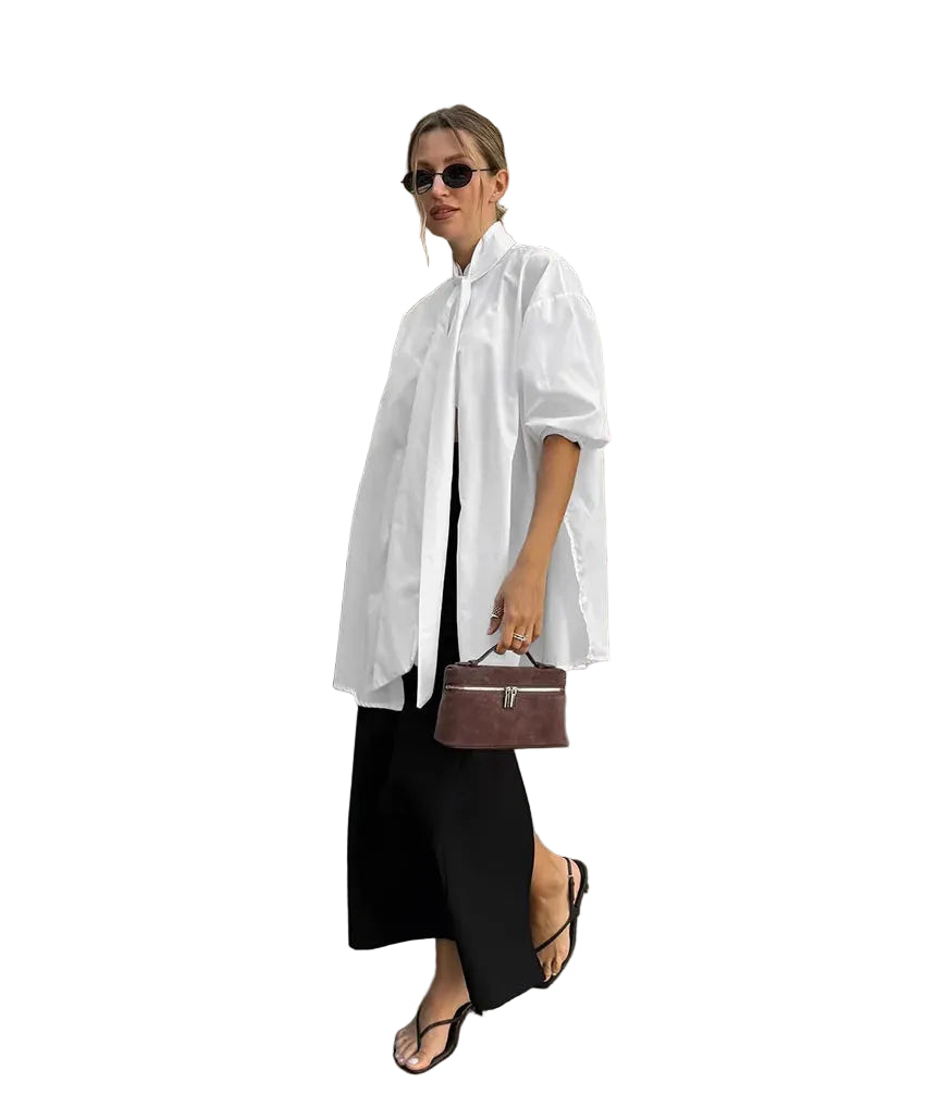 White Satin Tie-Neck Relaxed Workwear Blouse