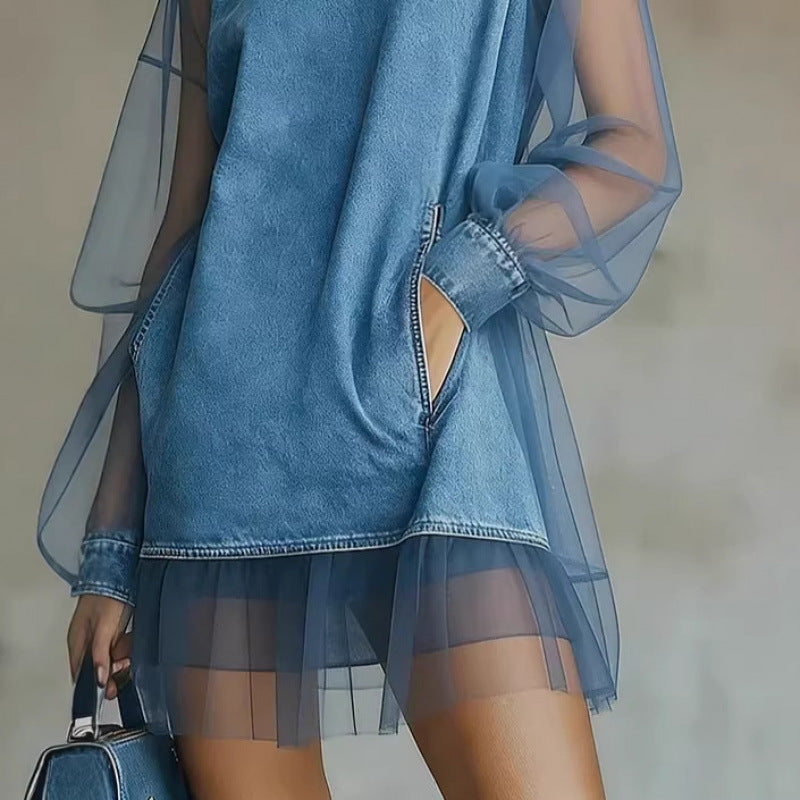Patchwork Faux Collar Denim Dress