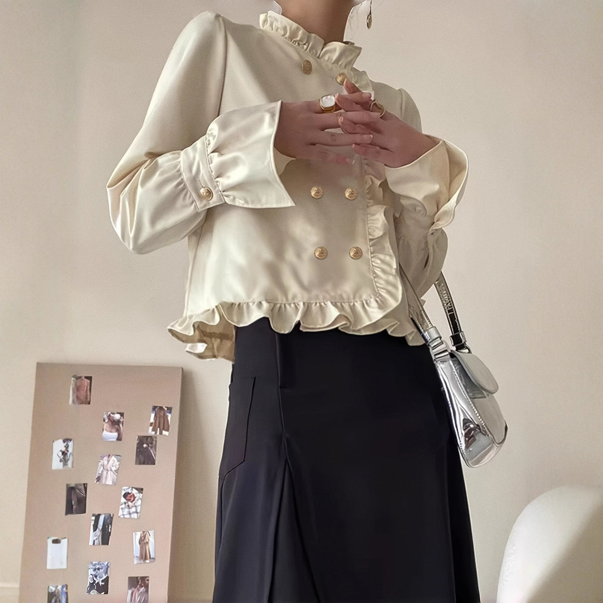 Champagne Satin Ruffle-Trim Double-Breasted Cardigan