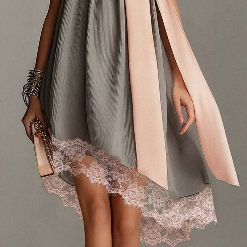 Pleated Halter Mini Dress with Lace Hem and Bow Scarf