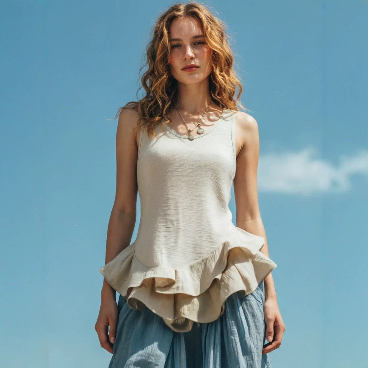 Washed Linen-Blend Ruffle-Hem Sleeveless Top