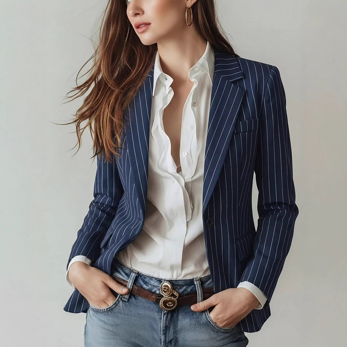 Navy Blue Striped Waist-Cinching Slimming Single-Buckle Petite Blazer